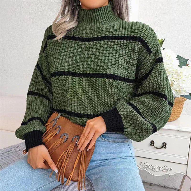 Striped Knit Loose Sweater - Lantern Sleeves and Mock Neck Warm Pullover for Autumn/Winter Casual Streetwear - Trendorya