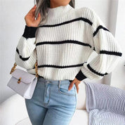 Striped Knit Loose Sweater - Lantern Sleeves and Mock Neck Warm Pullover for Autumn/Winter Casual Streetwear - Trendorya