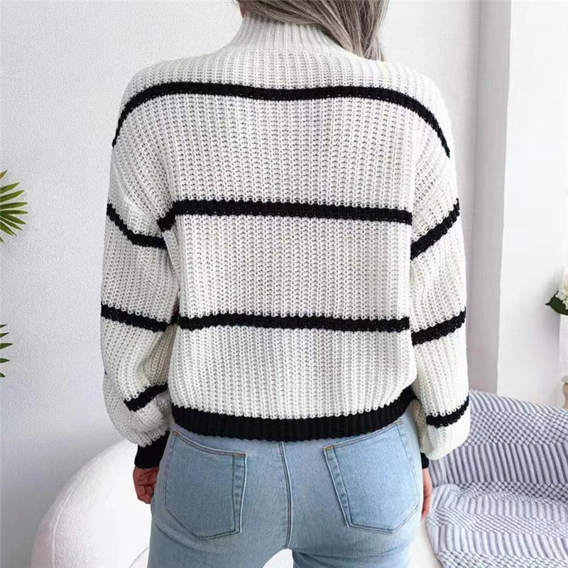 Striped Knit Loose Sweater - Lantern Sleeves and Mock Neck Warm Pullover for Autumn/Winter Casual Streetwear - Trendorya