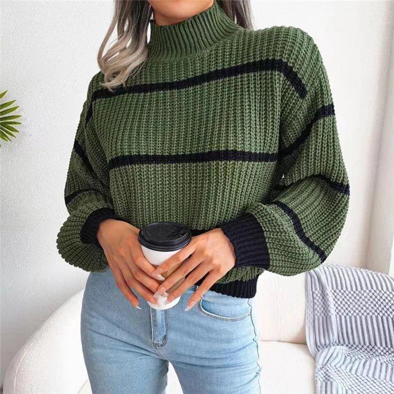 Striped Knit Loose Sweater - Lantern Sleeves and Mock Neck Warm Pullover for Autumn/Winter Casual Streetwear - Trendorya