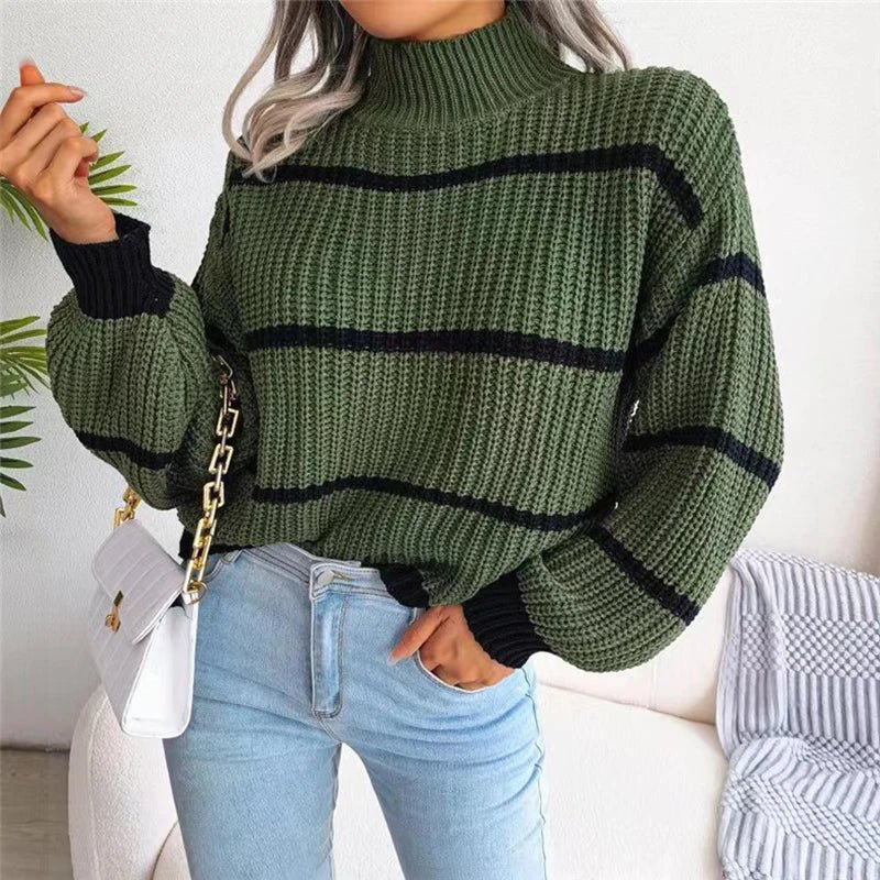 Striped Knit Loose Sweater - Lantern Sleeves and Mock Neck Warm Pullover for Autumn/Winter Casual Streetwear - Trendorya