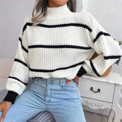 Striped Knit Loose Sweater - Lantern Sleeves and Mock Neck Warm Pullover for Autumn/Winter Casual Streetwear - Trendorya