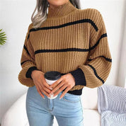 Striped Knit Loose Sweater - Lantern Sleeves and Mock Neck Warm Pullover for Autumn/Winter Casual Streetwear - Trendorya