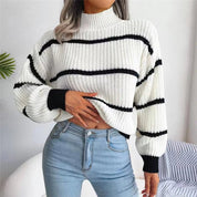 Striped Knit Loose Sweater - Lantern Sleeves and Mock Neck Warm Pullover for Autumn/Winter Casual Streetwear - Trendorya