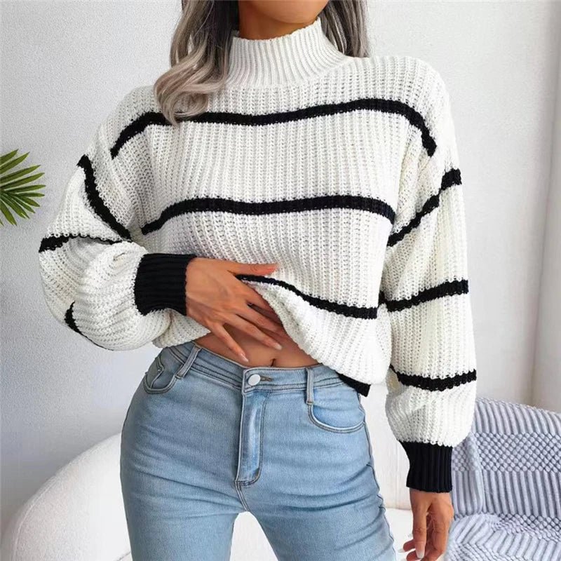 Striped Knit Loose Sweater - Lantern Sleeves and Mock Neck Warm Pullover for Autumn/Winter Casual Streetwear - Trendorya