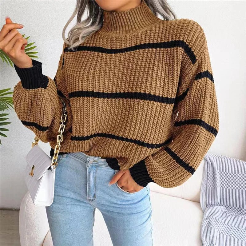 Striped Knit Loose Sweater - Lantern Sleeves and Mock Neck Warm Pullover for Autumn/Winter Casual Streetwear - Trendorya